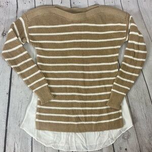 Ann Taylor Loft Woman’s Tan White Striped Boat Neck Sweater with Satin XS Petite